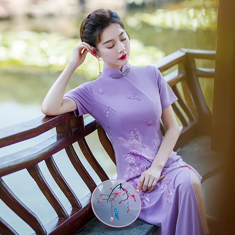 New Applique Improved Performance Long Cheongsam Retro Light Purple Slimming Fashion High Slit Dress Elegant Qipao