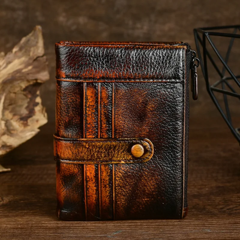 Genuine Leather Men's Short Wallet Retro Card Holder Casual Purse Zipper Coin Pouch Handbag