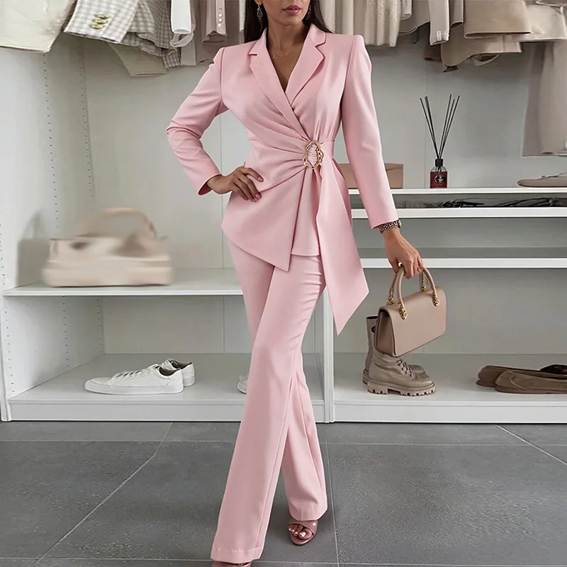 

Городской красивый костюм с воротником и длинными рукавами, облегающий однотонный костюм для поездок на работу, женский костюм минималистского дизайна