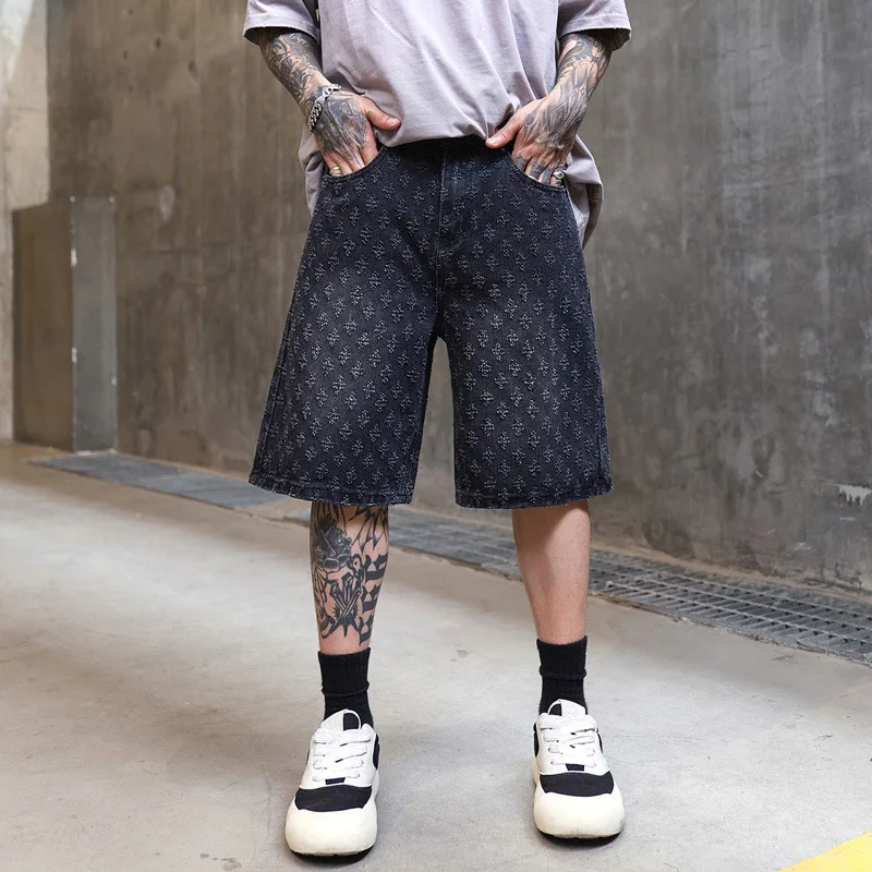 American Retro Jacquard Denim Shorts for Men's Summer Design, Niche Washed Five Quarter Pants, High Street Sports Pants