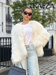 TRAFZA 2024 Women's Winter Street Short Faux Fur Casual Jacket Women's Fashion Solid Color O-Neck Long Sleeve Loose Thick Jacket