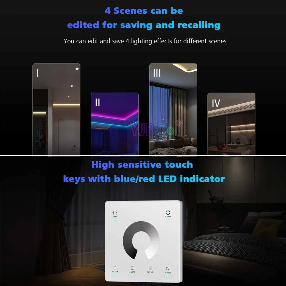 Wall Mounted Touch Panel TW1 Single Color/TW2 CCT/TW4 RGB RGBW/TW5 RGBCCT LED controller monochrome  2.4G Remote Dimmer Switch