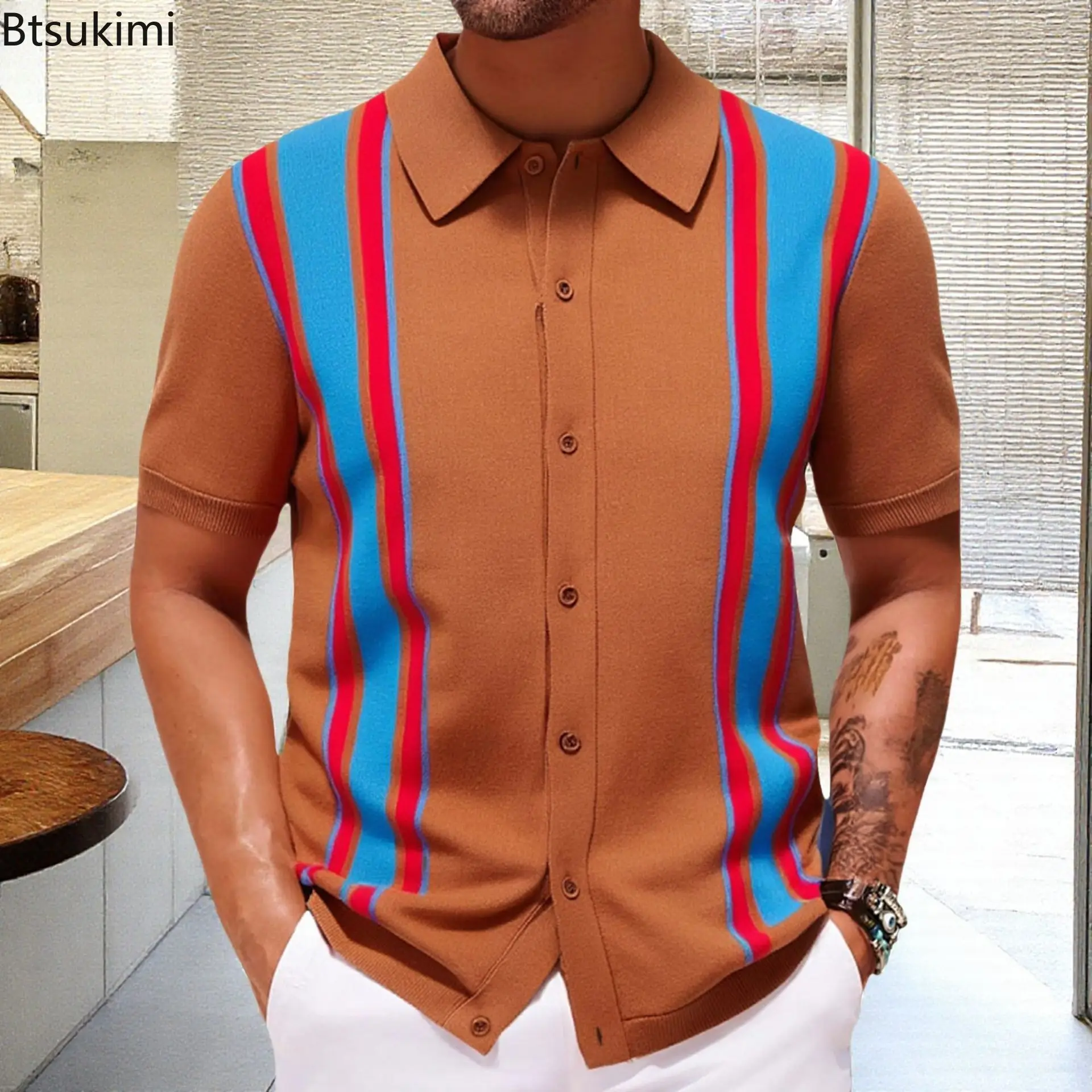 2025 Men's Summer Sweater Shirts Knitted Short Sleeve Turn-down Collar Button Knit Shirt Men Striped Knitting Cardigan Shirts