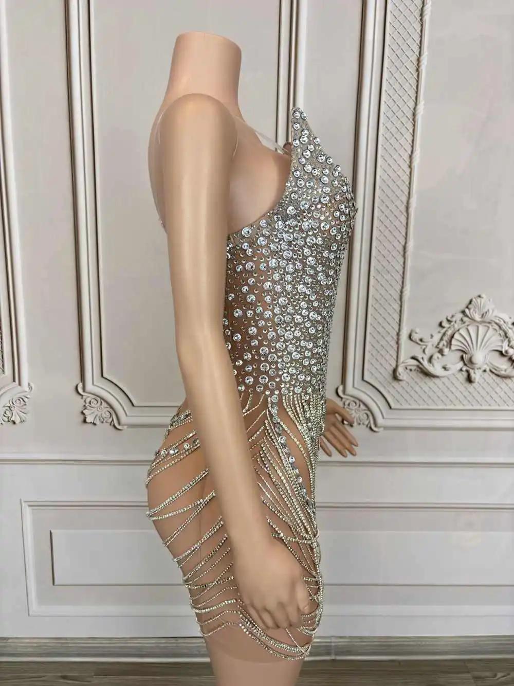 Błyszczące cyrkonie Łańcuchy Krótka sukienka dla kobiet Seksowna siateczka Przezroczysta wieczorowa impreza Prom Sukienka urodzinowa Strój do sesji zdjęciowej