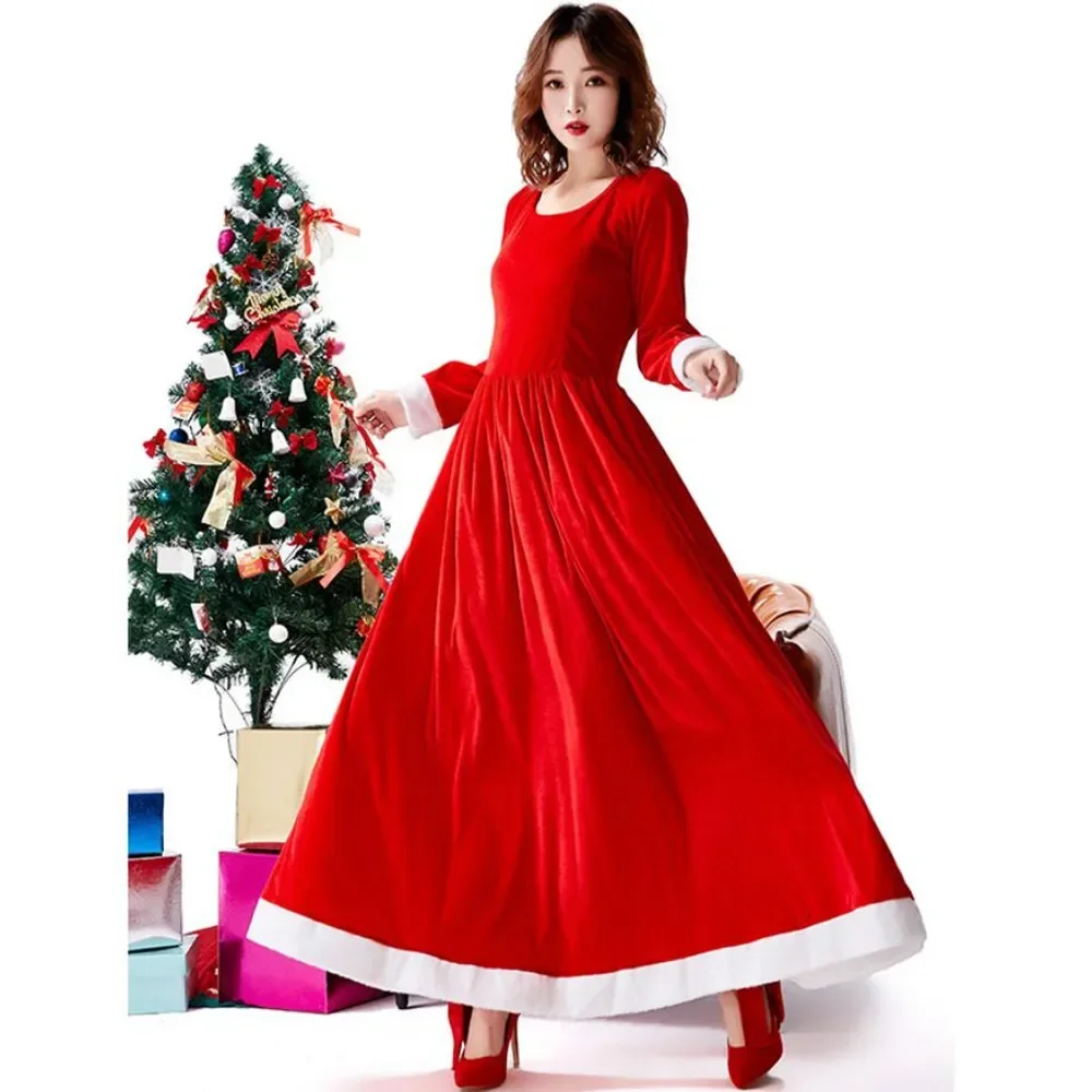 Langes Weihnachtsmann-Kleid für Damen mit Kapuzenumhang, rotes Samtkostüm mit pelzigem Besatz, ideal für Urlaubsparty, Cosplay
