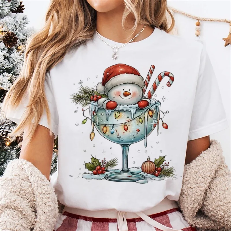 

Candy Snowman Printed Pattern T-Shirt Short Sleeve Cute Casual Women's O-Neck Top New Year Style Women's Fun Clothes T-Shirt