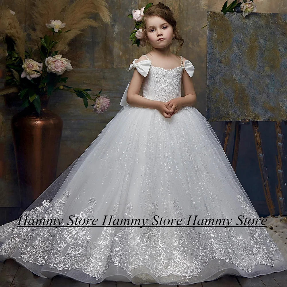 

Wedding Flower Girl Dress Off The Shoulder Sequined Applique Big Satin Bow Glitter Tulle Ball Gown First Communion Dresses