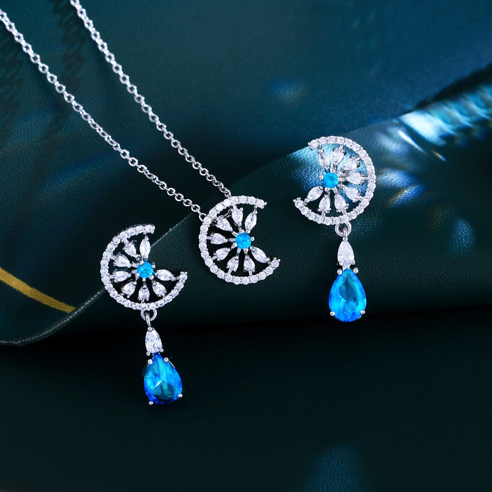 ThreeGraces Shiny Pink Zircon Elegant Water Drop Pendant Necklace and Earrings Dubai Wedding Party Jewelry Set for Women JS714