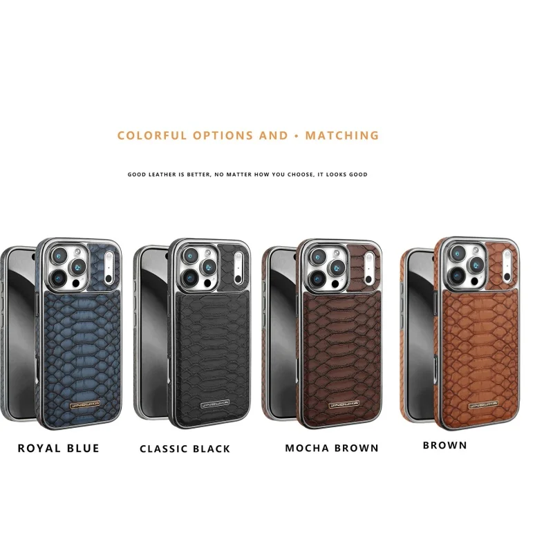 Case For iPhone 17 16 15 14 13 12 Pro Plus Max Air Luxury Snakeskin Python Pattern Leather Edge Covered Electroplate Cover Shell