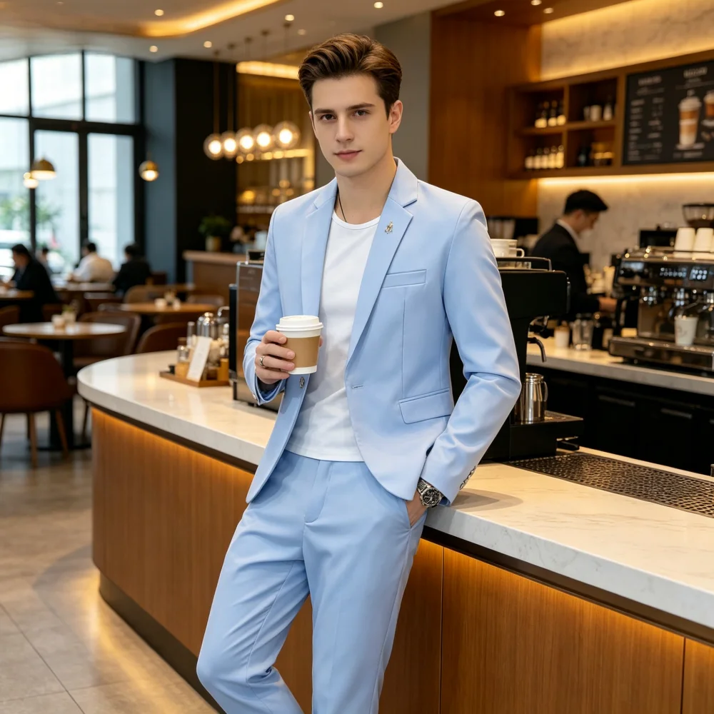 

Men's Two-Piece Suit Slim Fit Casual Business Solid Color Autumn Dress with Included Pants Full Set Male Trabajo Clothing