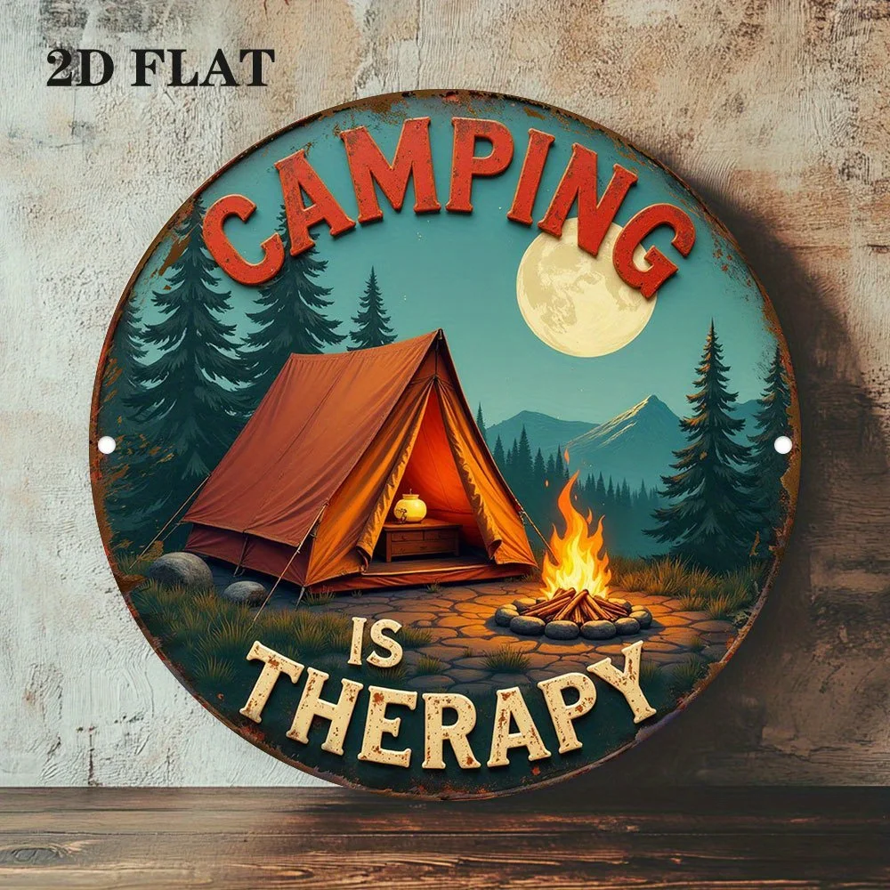2D flach, 1 Stück „Camping is Therapy“, rundes Metallschild – 19, 31,1 Zoll, rustikale Wandkunst mit Lagerfeuer, Zelt- und Monddesign, perfekt für