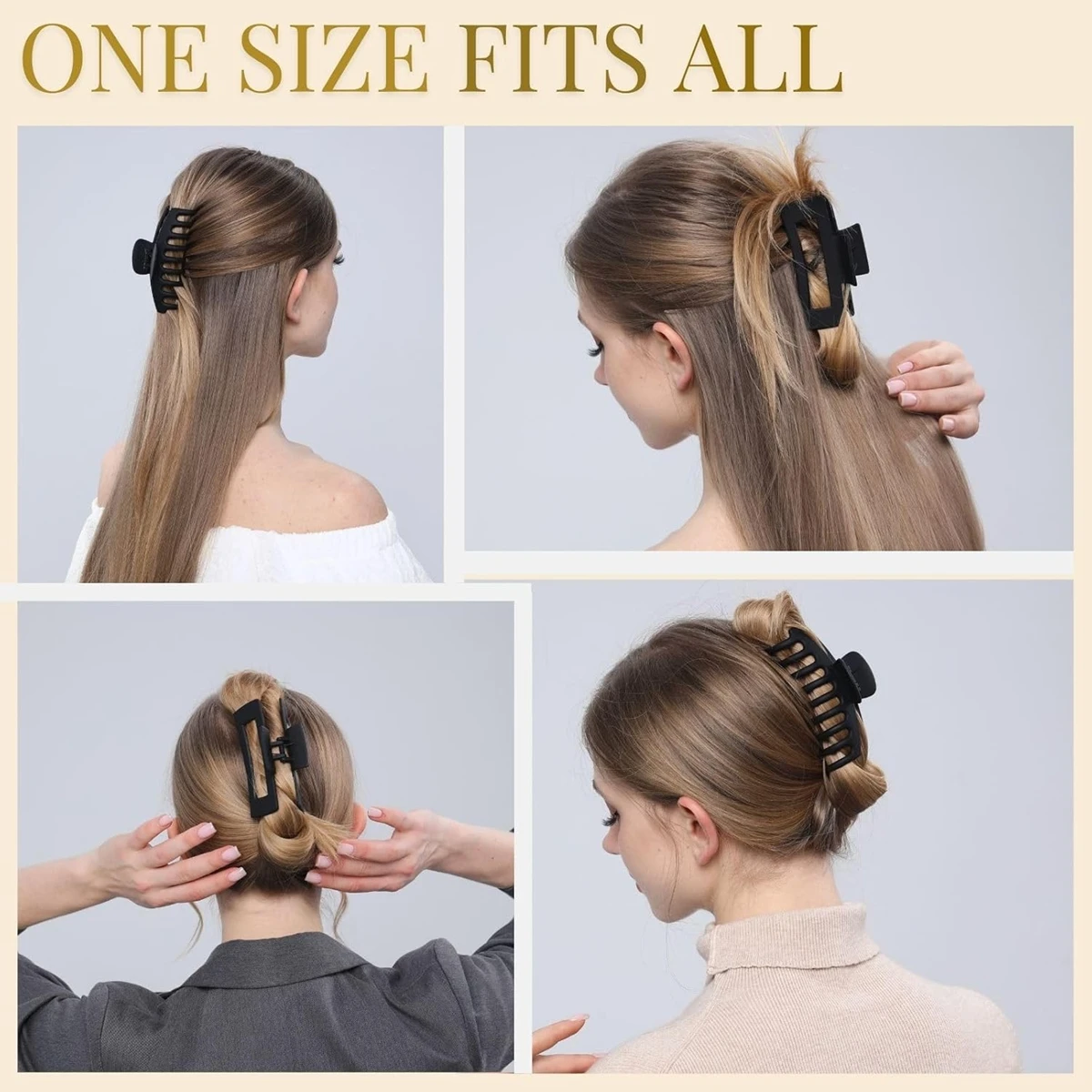 مشابك شعر سوداء للنساء - 8 عبوات من مشابك مخلب الموز غير اللامعة مقاس 4.3 بوصة للنساء، شعر مجعد رقيق وسميك، مشبك فكي كبير قوي
