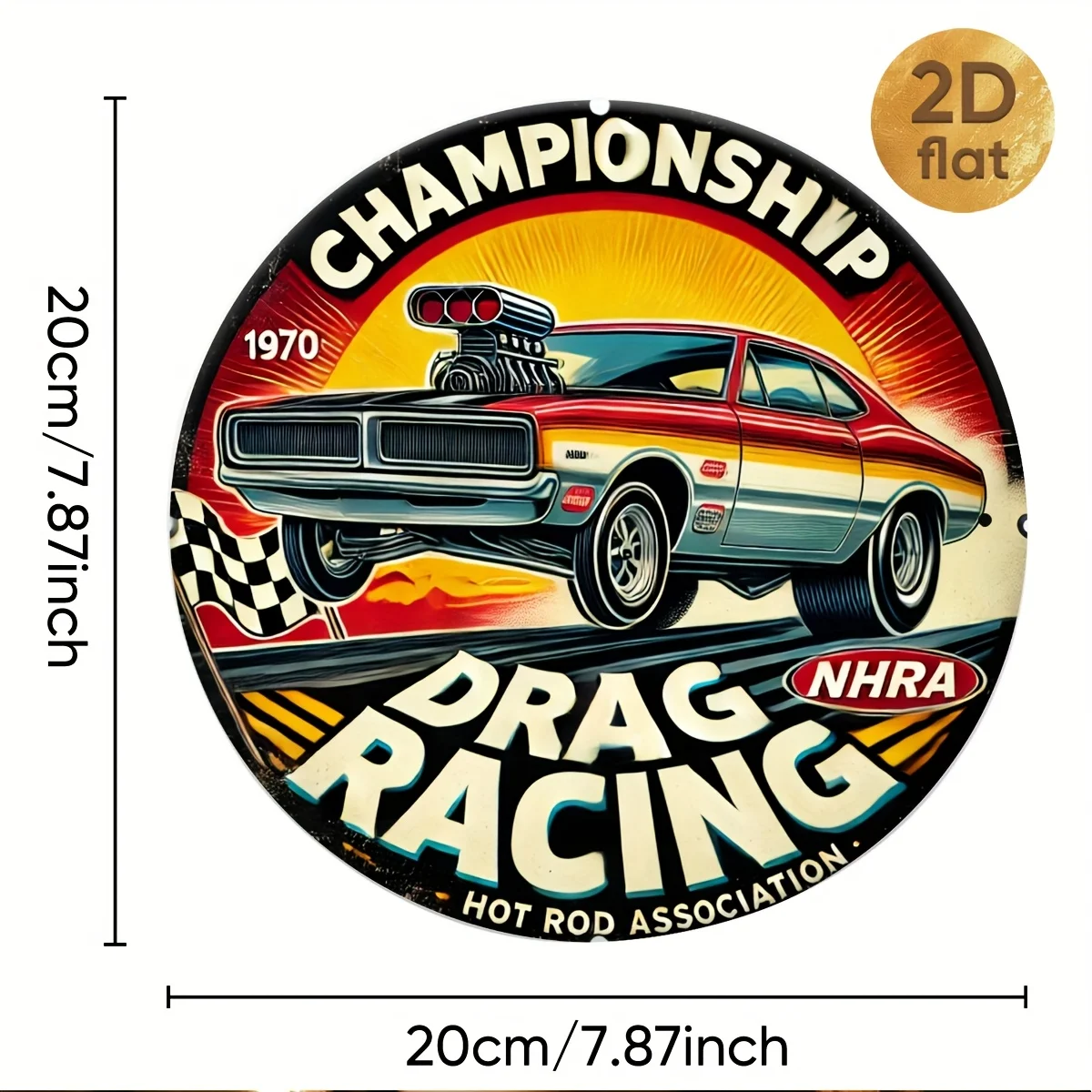 Vintage 1970 Drag Racing Hot Rod Championship Round Aluminum Metal Sign 20x20cm 2D Flat Racing Garage Retro Bar Man Cave Wall De