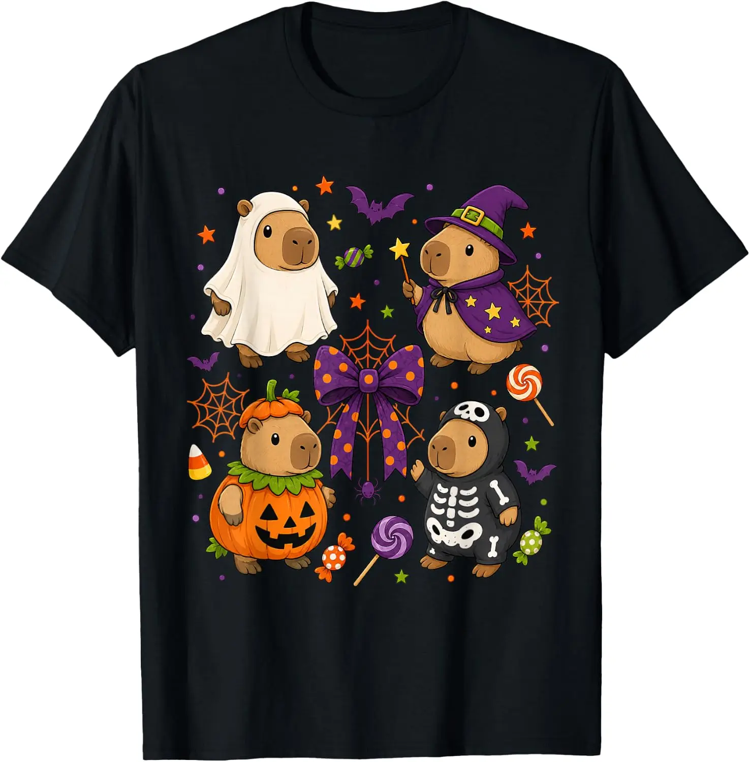 Funny Cozy Capybara Autumn Fall Spooky Season Halloween T-Shirt Men Women Unisex Novelty Graphic T‑Shirt, Classic Crew Neck 100% Cotton Tee, Lightweight Anti‑Pilling Breathable Casual Tops, Year‑Round Daily Outfit, Holiday Birthday Present Tee