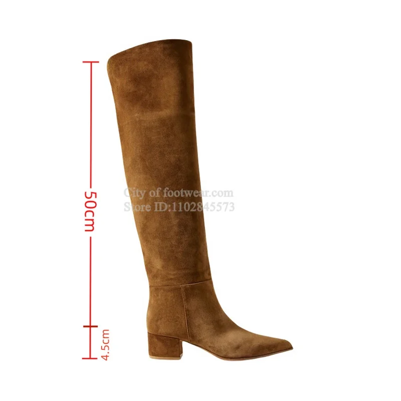 Colorful Suede Low Heeled Knee High Boots Women's Pointy Block Heels Causal Dress Soft Big Size Long Boot Luxury Designer Shoes