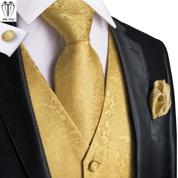 Luxury Gold Mens Suit Vest Red Blue Green Yellow Red Waistcoat Tie Bowtie Hanky Cufflinks Set Male Waist Jacket Wedding Office 2