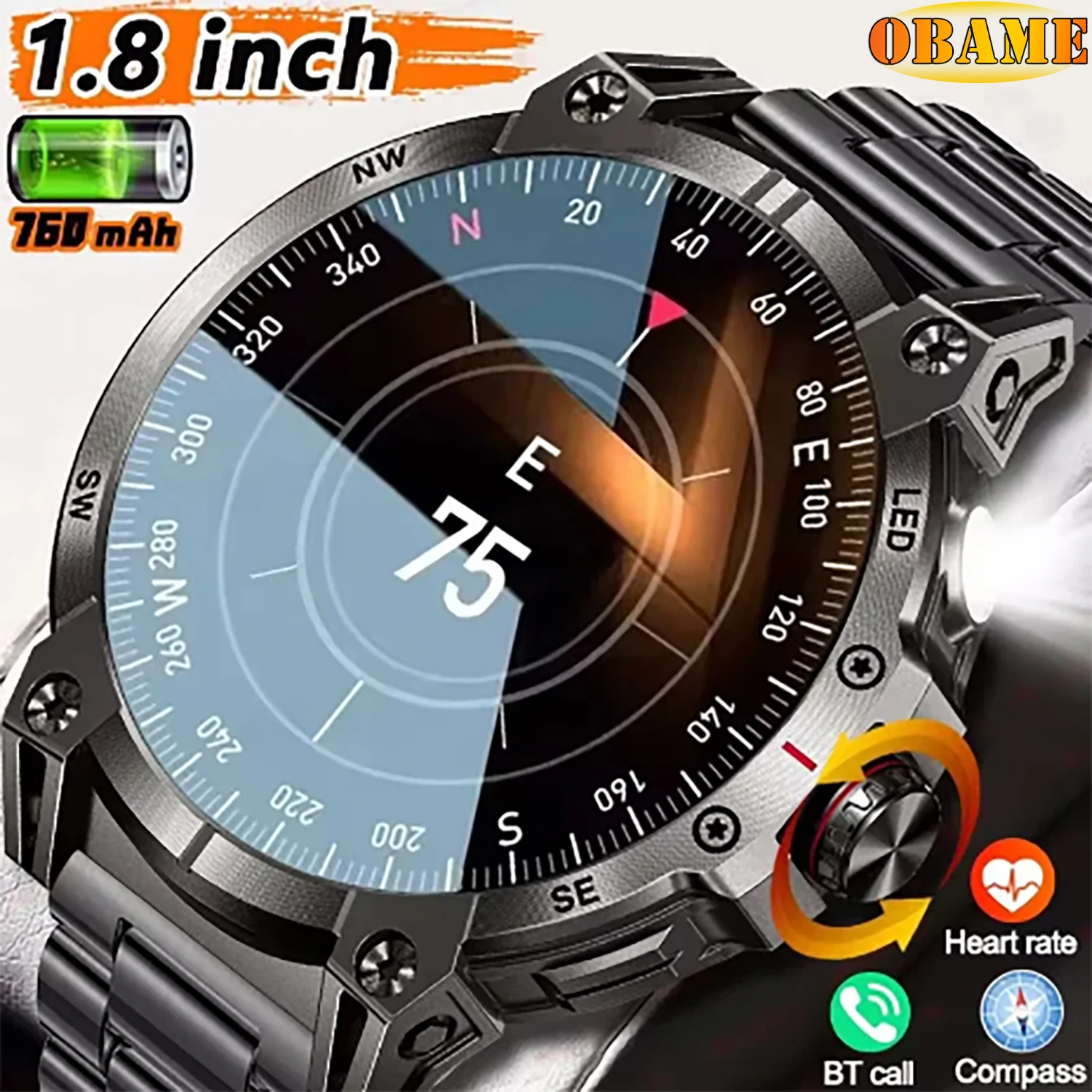 2025New 760mAh Large Battery Outdoor Smart Watch Men Women 1.85 Inch HD Screen Compass Bluetooth Call IP68 Waterproof Smartwatch