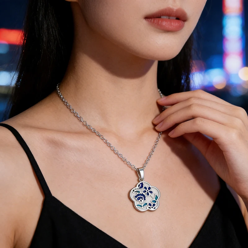 

Модный кулон-цветок ручной работы, эмалевое украшение, синий, каплевидный, маленький цветок, свадебная цепочка на ключицу, женская цепочка для свитера