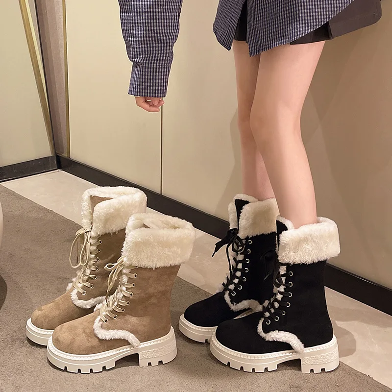 Shoes for Women 2024 High Quality Lace Up Women's Boots Winter Round Toe Plush Fleece for Warmth Middle Barrel Fashion Boots