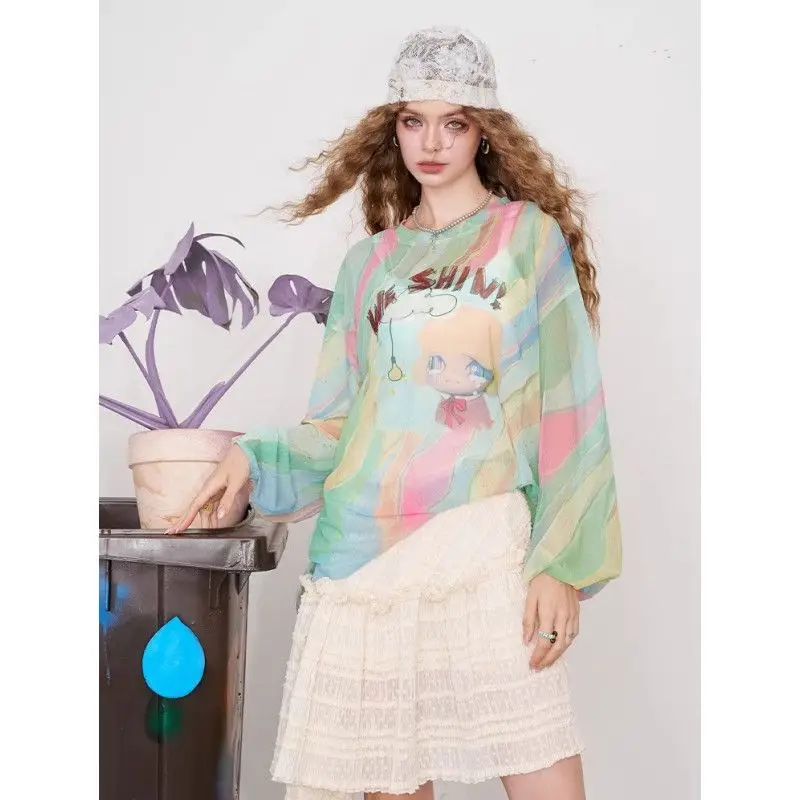 

Женская футболка с длинным рукавом Y2K, сетчатый топ с принтом феи и дофамина, ленивый летний стильный топ