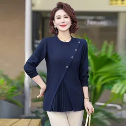 Women's Solid Color Round Neck Tee T Shirt New Spring  Midi Long Sleeve Button Ruffles Ruched Forking T-shirt Tops