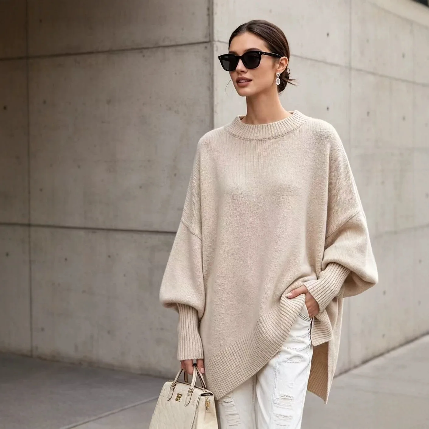 Relaxed Minimalist Soft Drop Shoulder Round Neck Knitted Oversized Long Sleeve Solid Color Women's Warm Autumn Winter Pullover