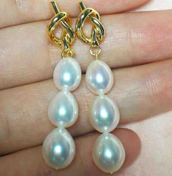 6-7MM Natural Pearl National Wind Long Three Pearl Earrings Sterling Silver 925