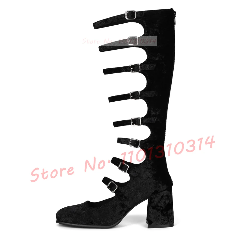 Strappy Suede Long Sandals Ladies Summer Block Heels Sexy Black Multi Buckles Puttee Shoes Casual Luxury Women Gladiator Sandals