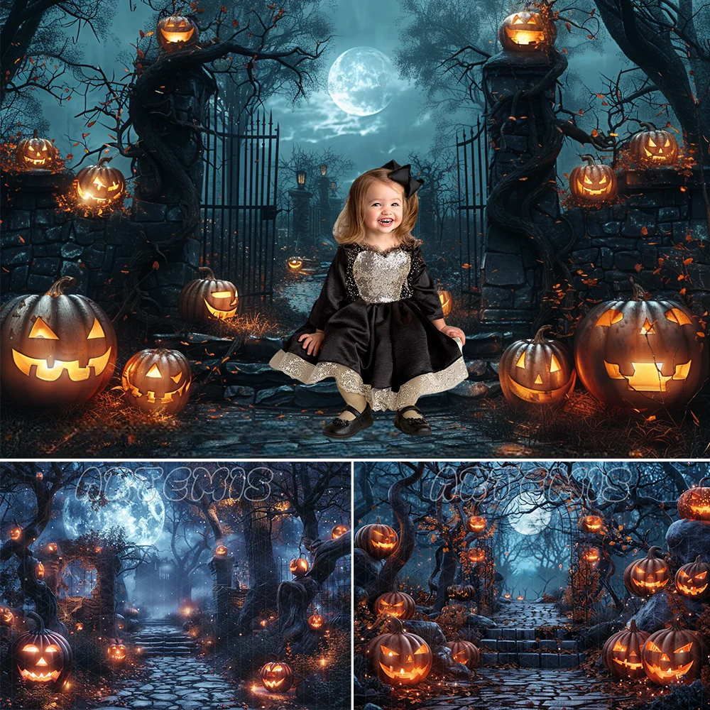 

Halloween Themed Scene Backdrop Pumpkins Lantern Eerie Forest Cobblestone Path Full Moon Night Background Photo Studio Photocall