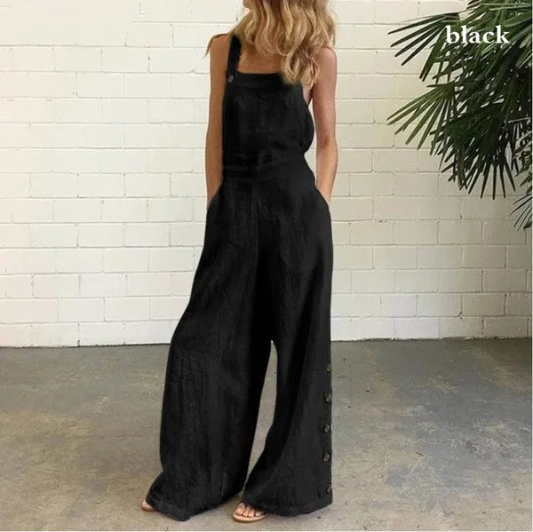 

2025 Summer Women's Jumpsuit Khaki Fashion Sleeveless Side Pocket Straight Casual Button Black Pants Sets for Female