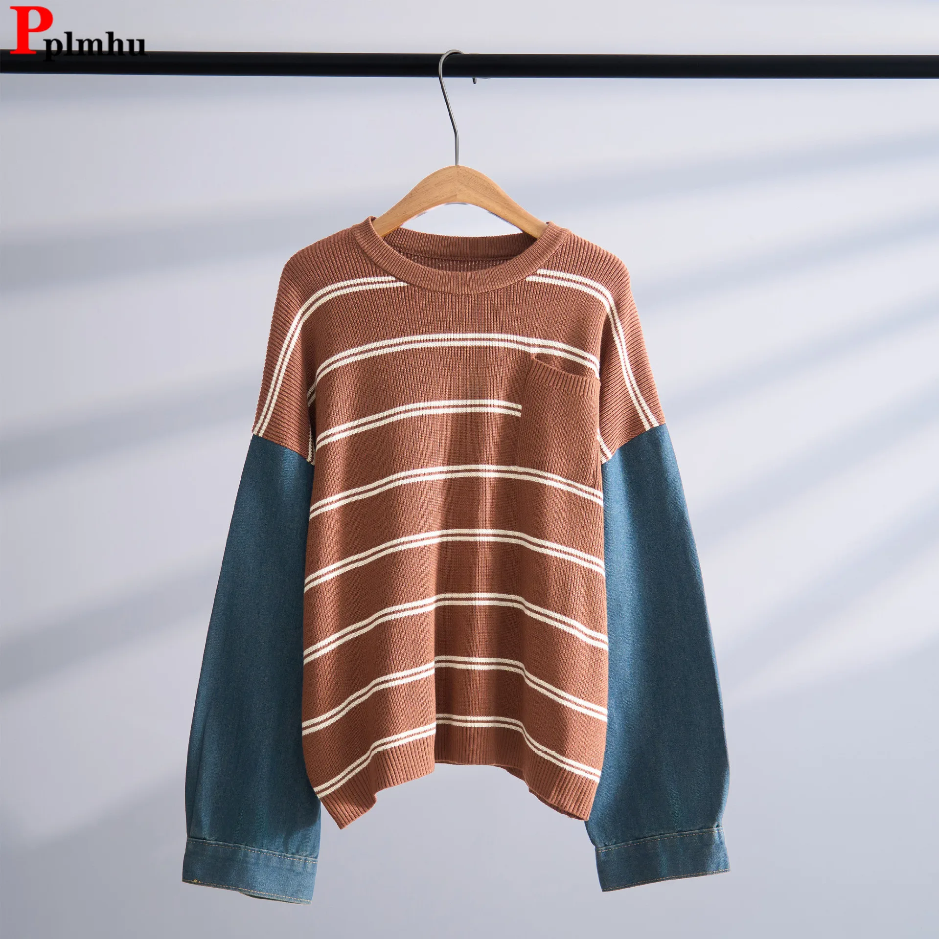 

Korean Striped Design Spliced Sweater Women Casual Fashion Knitted Pull Tops Fall Winter Loose Knitwears Long Sleeve Sueter New