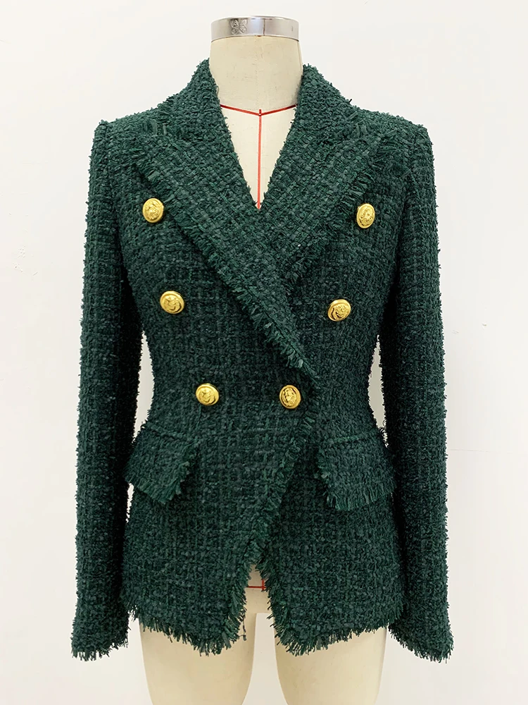 HIGH STREET Newest Fall Winter 2024 Designer Jacket Women\'s Lion Buttons Double Breasted Slim Fit Fringed Tweed Blazer