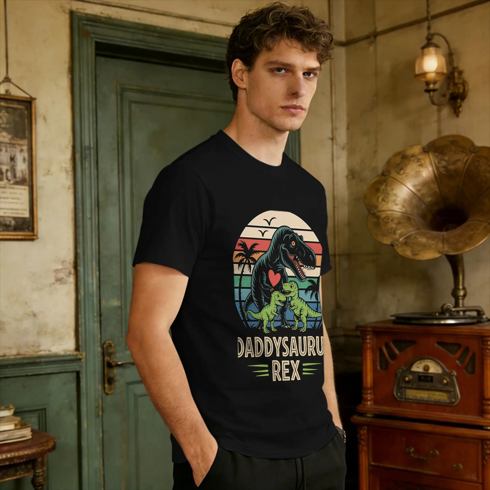 Men's Daddysaurus Rex  Kids Sunset For Fathers Day T Shirts  Cotton Tees Summer Y2K Funny Short-Sleeved T Shirt O Neck Tee Shirt
