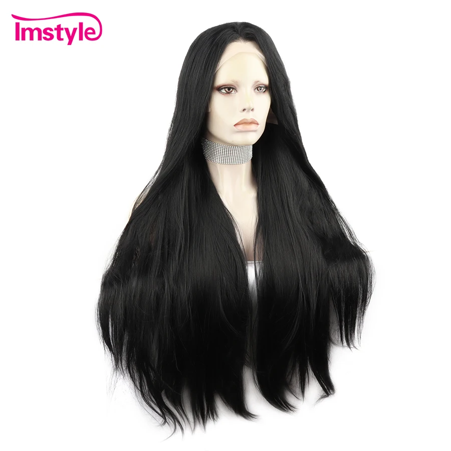 IMSTYLE Jet Black Lace Wig Synthetic Lace Front Wig 30-calowe długie proste peruki dla czarnych kobiet Żaroodporne codzienne peruki do cosplay — zdjęcie 5