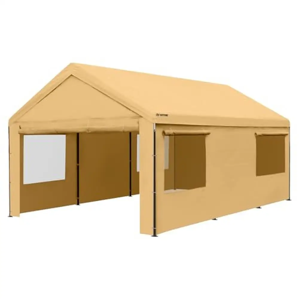 Heavy Duty 12x20FT Carport Canopy Garage with Waterproof Fabric Ventilated Windows Detachable Sidewalls & Complete Fixing