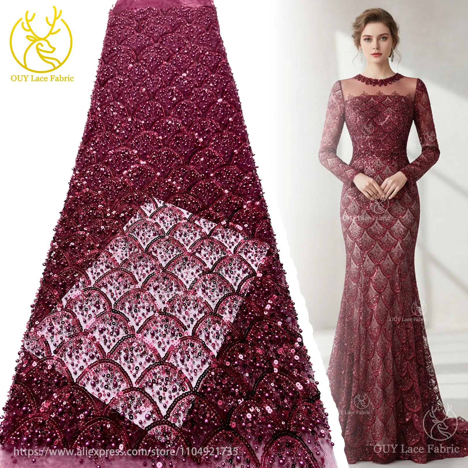 

Burgundy African Beaded Embroidery Mesh Lace Fabric Elegant Nigerian French Sequins Tulle Lace Fabric for Women Party Dresses