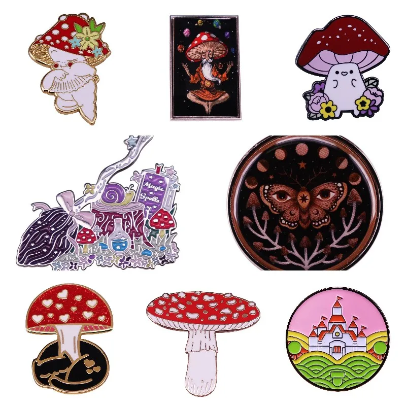 

Hard Pins Red Mushroom Enamel Pins Custom Butterfly Mushroom Girl Castle Cartoon Plant Lapel Hat Badges Jewelry Gifts Wholesale