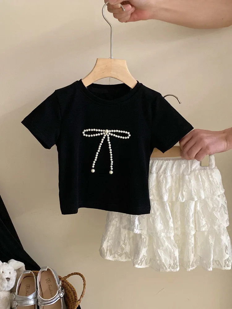 T-shirt Thin Girls Summer New Korean Bow Knot Short Sleeved Skirt Childrens Clothing 2024 Round Collar Simple Bows Fashion