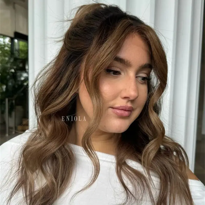 Peruka damska średniej długości, miękka, ombre karmelowy brąz, HD niewidoczna syntetyczna peruka typu lace front, gotowa do wysyłki, cosplay, na co dzień, na imprezę.