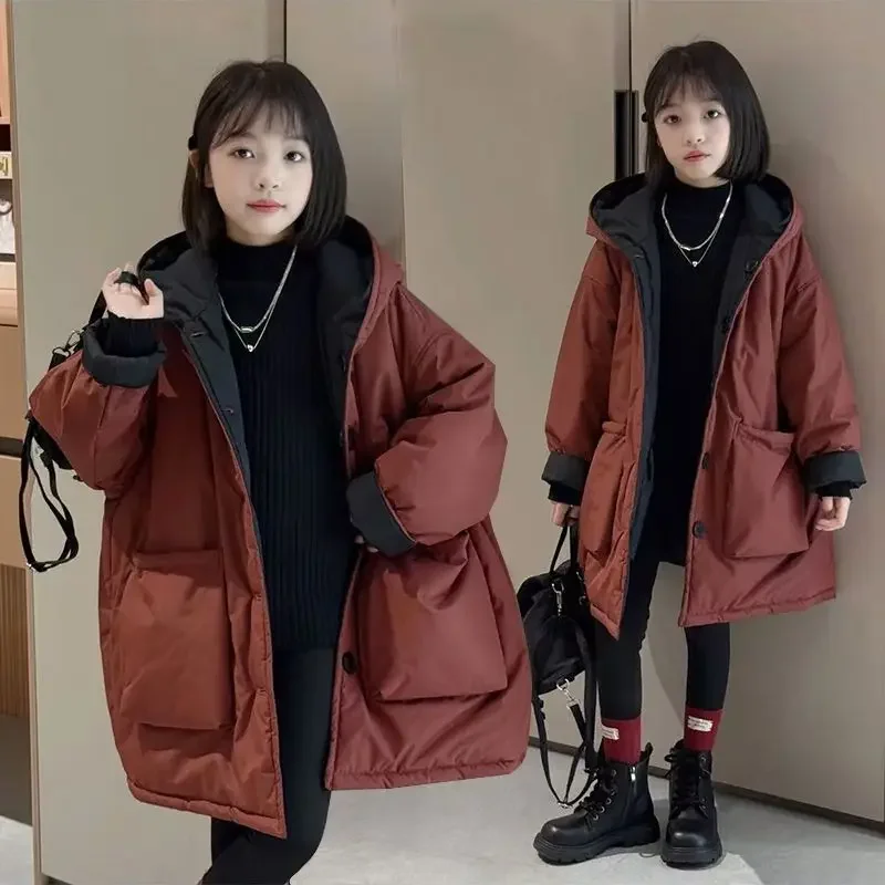Two-in-One Reversible Winter Coat for Girls 2025 New Arrival Plus-Size Thermal Insulated Kids Jacket Thickened Middle-Length