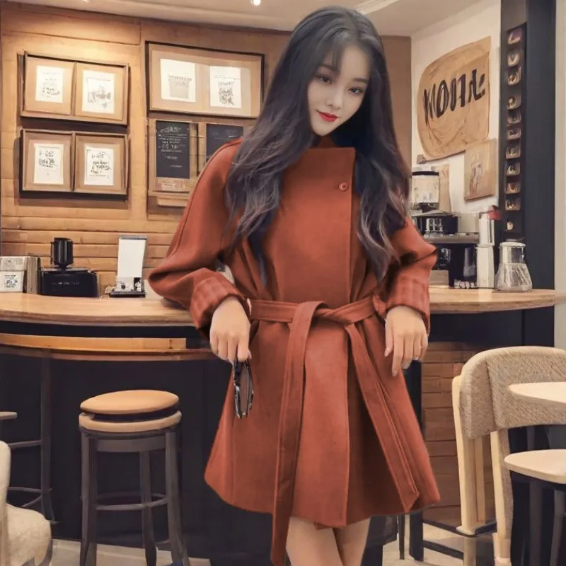 

Sweet Hot Girl Plaid Stand Collar Wool Coat Women's Autumn Winter Contrast Color Lace-up Slim Coat Fashion Female Clothes