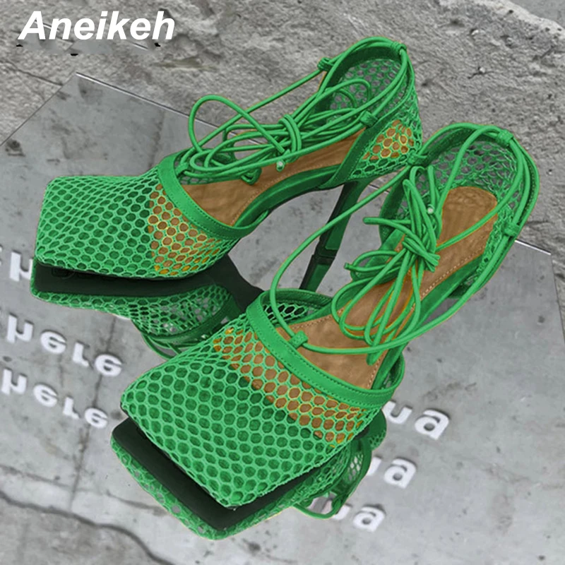 Aneikeh 2024 Summer Sexy Mesh Pumps Sandals Female Square Toe High Heel Lace Up Cross-Tied Stiletto Hollow Dress Party Shoes