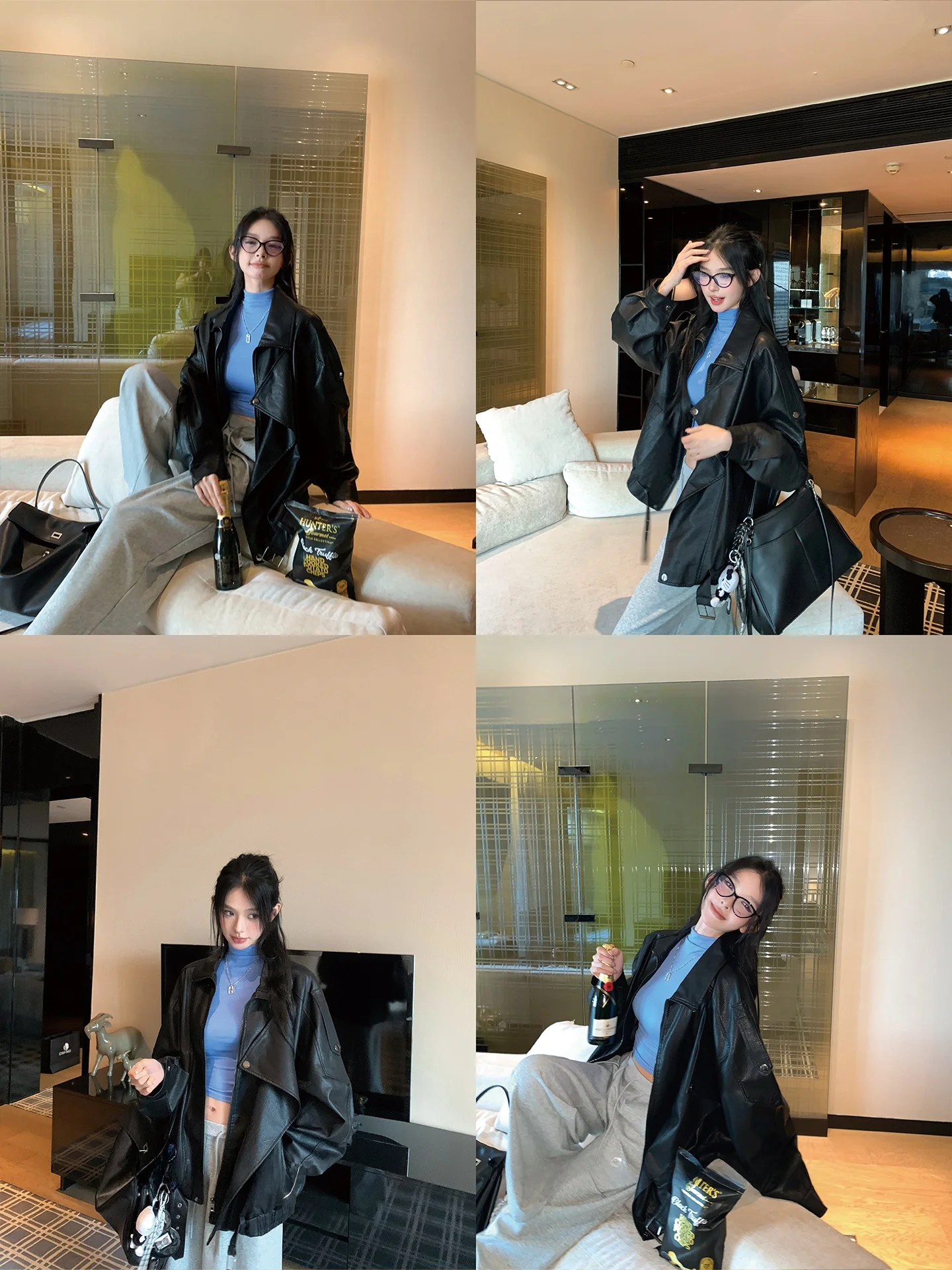 Jaqueta Feminina Moderna de Couro Preto Estilo Motociclista Vintage para Outono, Resistente ao Vento, Manga Longa, Gola Virada, Corte Regular