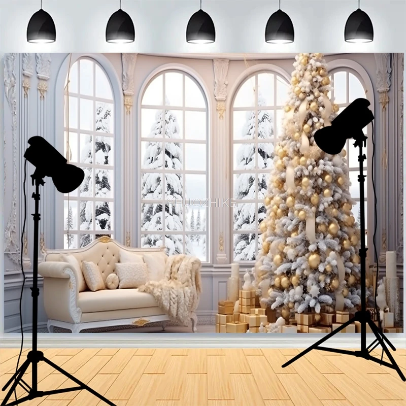 

Christmas Day Fireplace Photography Backdrops Large Window Living Room Wreach Xmas Tree Fireplace New Year Background XH-34