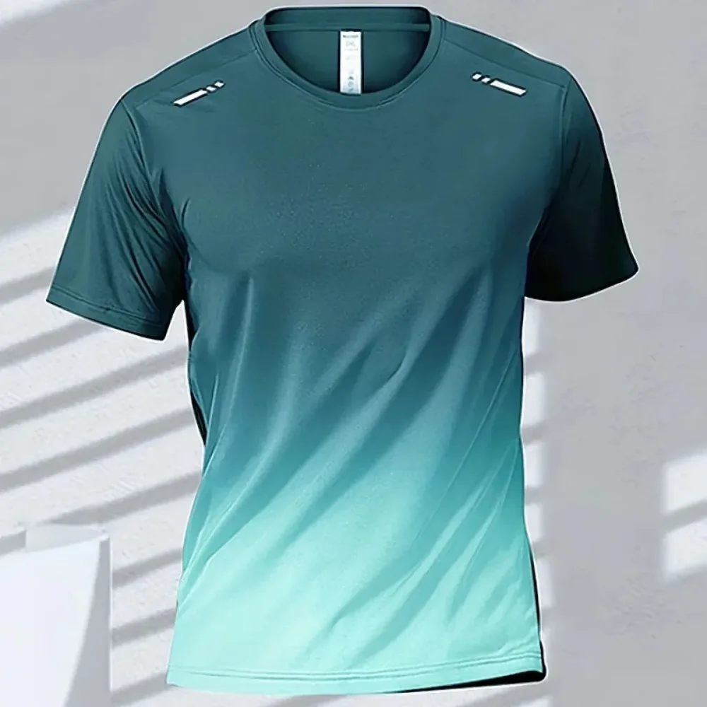 Men Gradient Color Quick Dry T‑Shirt Breathable Short Sleeve Athletic Tops Running Gym Fitness