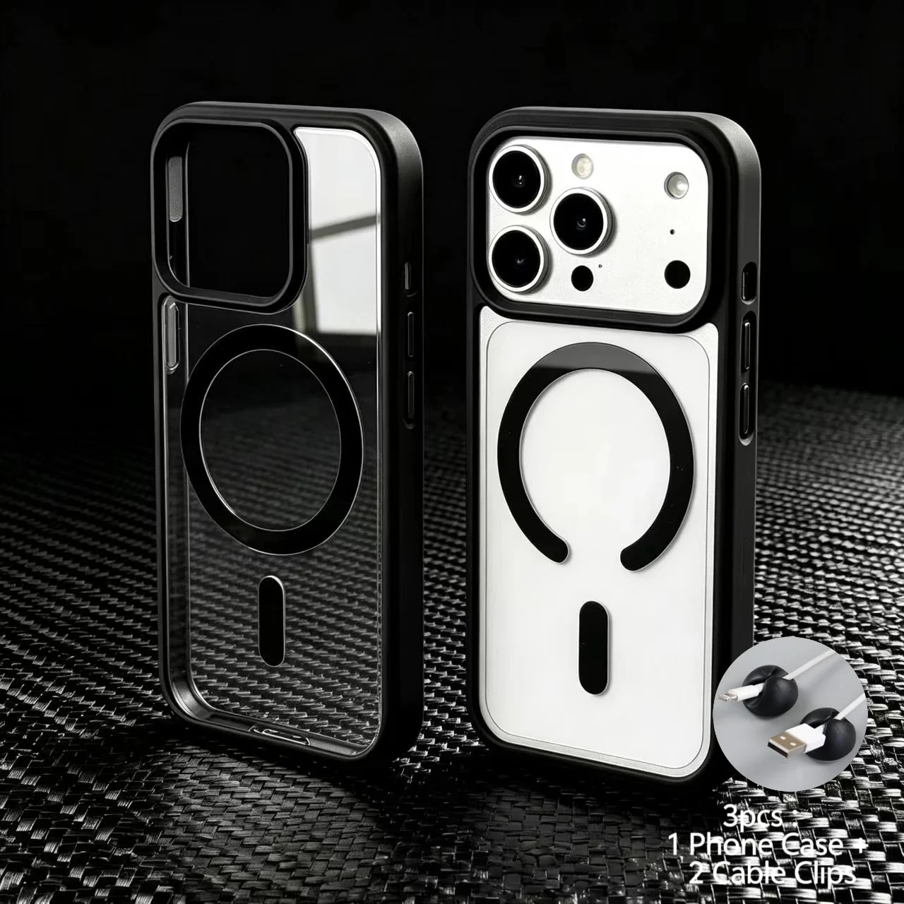 3pcs:1 Case+2 Cable Clips Luxury Transparent Magnetic Phone Case for iPhone 18 17 16 15 14 13Pro Max 16 15 14Plus 13Mini 17Air
