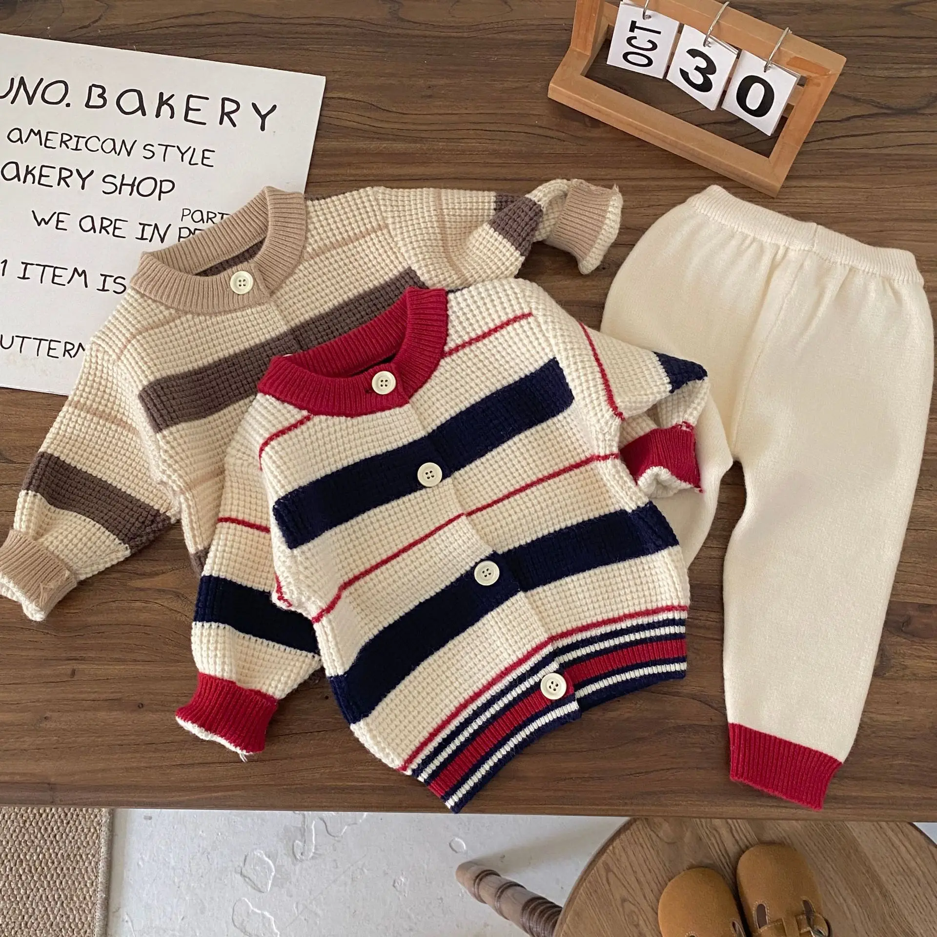 

Korean Children's Clothing Boys' Striped Sweater Open Button Jacket Set Baby Stylish Contrasting Color Knit Sweater Warm 2 Piece