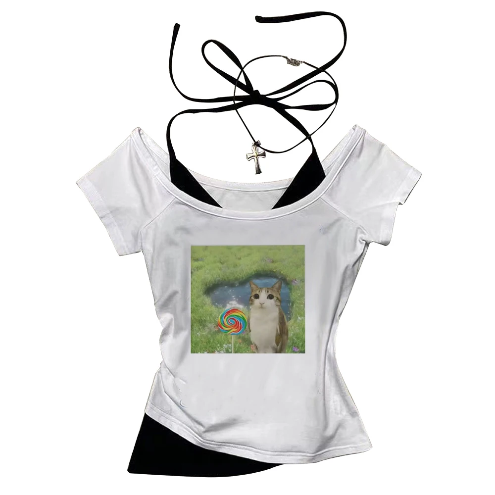 Meowl Crop Top Teen Anime Party Cute Jojifuku Ausverkauf T-Shirt Vintage Sommer Goth Grunge – Detail 7