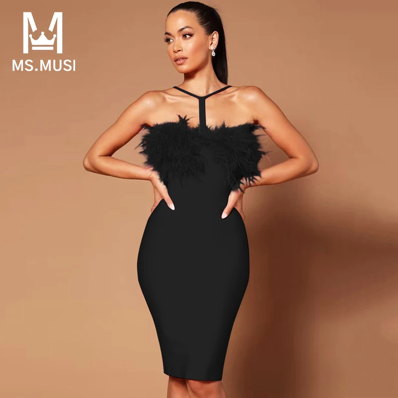 MSMUSI 2024 New Fashion Women Sexy Halter Strap Feather Sleeveless Backless Bandage Party Club Bodycon Event Slim Midi Dress