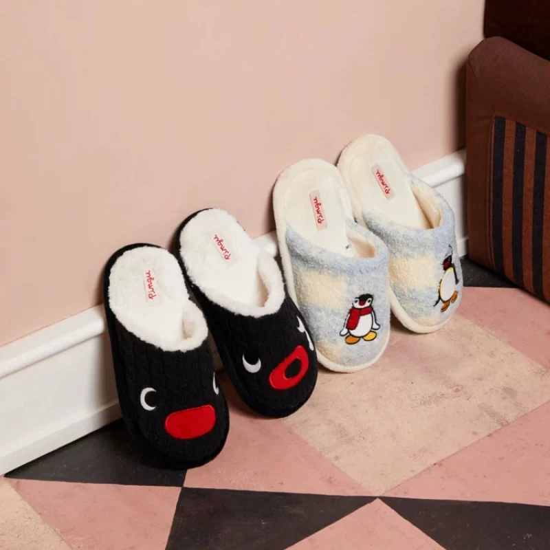 Home Pingu Cooperation Series Knitted Cable Pattern Men'S And Women'S Slippers Indoor Home Warm Shoes Anime Figures Model Gifts